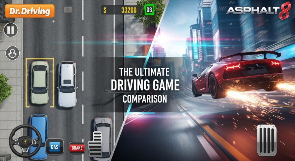 Compare Dr. Driving vs Asphalt 8 MOD APK in gameplay, graphics, and style.