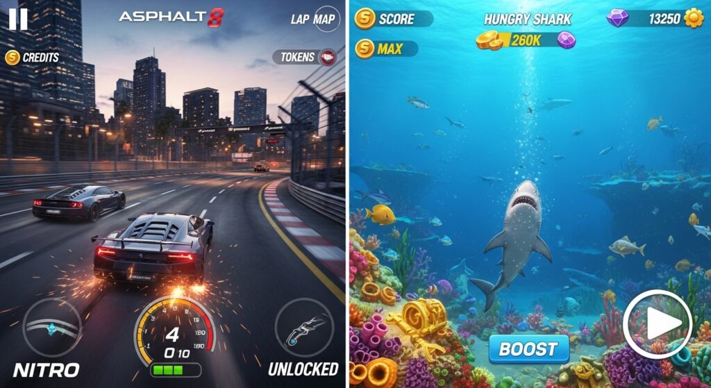 Asphalt 8 or Hungry Shark MOD APK